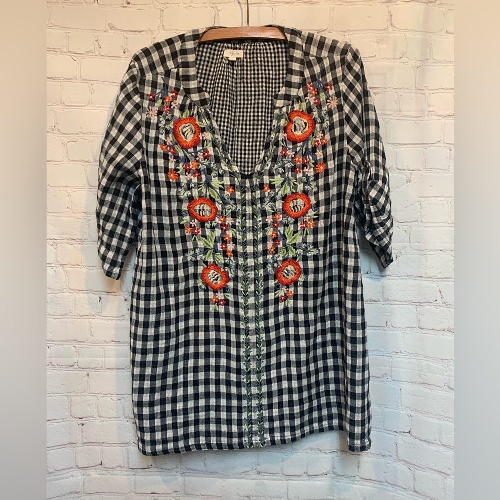 Kyla Seo x Athleta Black and White Checkered Tunic with Floral Embroidery Size M